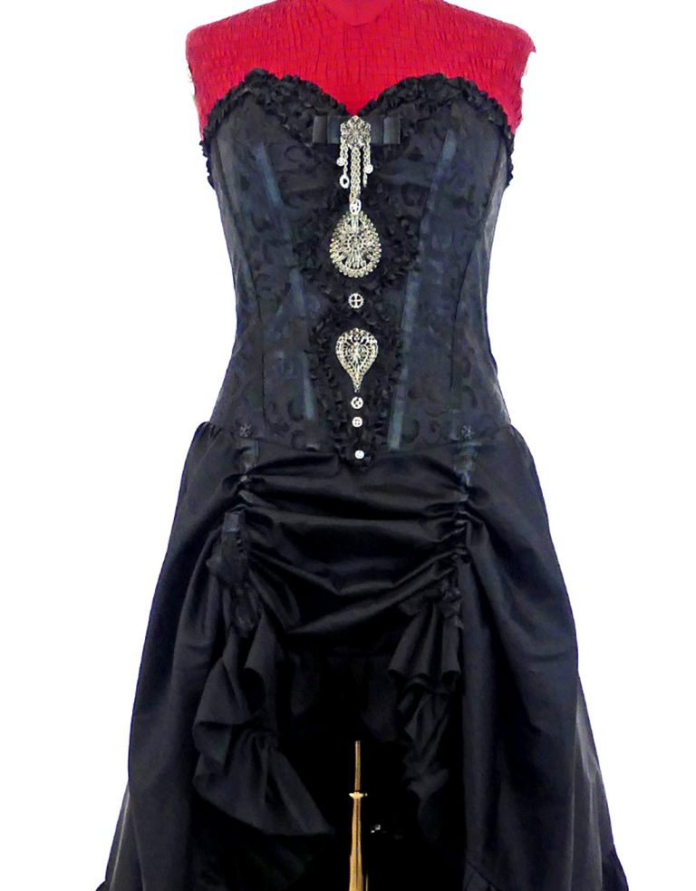 Abito Steampunk Con Corsetto A Righe E Gonna In Pizzo Marrone main image 0